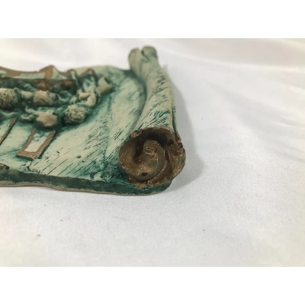 Vintage Last Supper 3D Relief Wall Plaque Scroll Design Teal Gold Religious Art